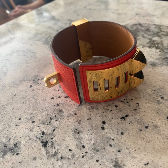 Authentic Hermes CDC Collier de Chien Orange Epsom Leather Bracelet GHW Gold - Picture 5 of 8
